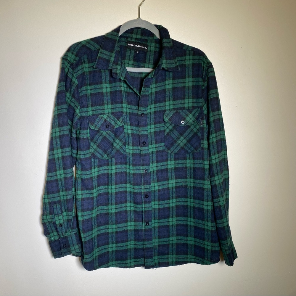 Mens Molokai surf co. black watch plaid tartan button down shirt Size: Large